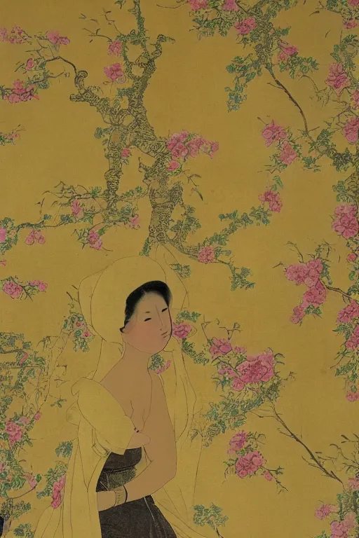 Prompt: an asian woman emerges from 1 9 th century yellow wallpaper decorated with sensual feminine faces by charles walter stetson