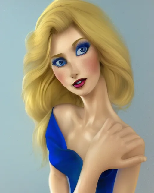 Prompt: side closeup of beautiful cute blonde - haired blue - eyed female wearing elegant silk dress and high - heels, lipstick, award winning full - length photography, extremely detailed, artstation, 8 k, sensual lighting, incredible art, wlop, pixar, disney, artgerm, backlit, rim lighting, hi - fructose