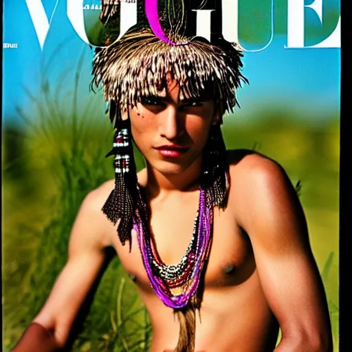 Image similar to a beautiful professional photograph by hamir sardar, herb ritts and ellen von unwerh for the cover of vogue magazine of an unusually handsome native male yanomami female fashion model looking at the camera in a flirtatious way, leica 5 0 mm f 1. 8 lens