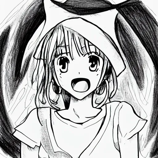 Image similar to an anime drawing of a happy woman in a very large oversized witch hat, anime styled, cute