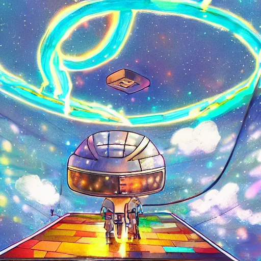 Image similar to a dream machine conncted to a boy with a helmet and electric cable with colorfull rays of light illuminate the environment by vanessa morales, studio ghibli,