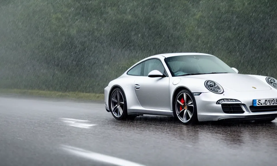 Image similar to photo of a porsche 9 1 1 driving fast in the rain