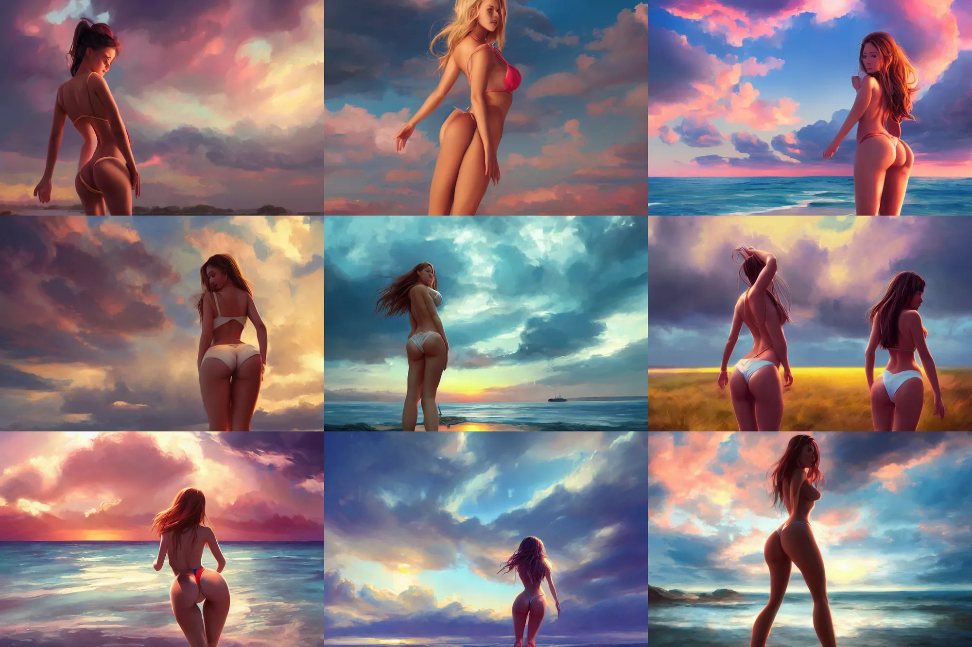 Prompt: full body rear shot of a beautiful girl in micro bikini, digital art by wlop and mandy jurgens, artstation contest winner, cinematic paint. dramatic cloud in background. sunset