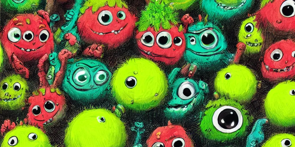 Image similar to an army of cute different green tennis ball monsters, colorful, digital art, fantasy, magic, chalk, trending on artstation, ultra detailed, detailed, fine details, professional illustration by basil gogos