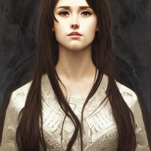 Image similar to Masterpiece head and shoulders portrait of a female Kazuto Kirigaya Kirito, young woman with brown long hair and bangs and wearing a long black coat breast-armor showing through, face, fantasy, intricate, elegant, highly detailed drawn by Donato Giancola and Fernanda Suarez and Artem Demura, face by Artgerm and Edmund Leighton, Alphonse Mucha, background by James Jean and Gustav Klimt, 4k, porcelain skin, komorebi, french nouveau, trending on pixiv, octane render, hyperrealistic
