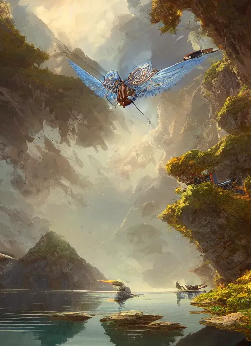 Image similar to A beautiful digital painting of an ornithopter landing platform, crystal lake, lovely valley by Stanley Artgerm Lau, Rossdraws, James Jean, gerald brom, Andrei Riabovitchev, Marc Simonetti, and Sakimichan, trending on artstation