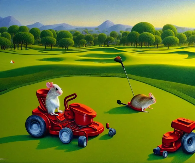 Image similar to hyper detailed 3d render like a Oil painting - a cartoon gerbil riding a lawnmower across a golf course at dawn, by Jacek Yerka, Mariusz Lewandowski, Houdini algorithmic generative render, Abstract brush strokes, Masterpiece, Edward Hopper and James Gilleard, Zdzislaw Beksinski, Mark Ryden, Wolfgang Lettl, hints of Yayoi Kasuma, octane render, 8k