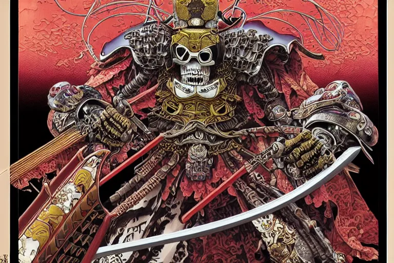 Image similar to portrait of a crazy skeletor samurai with japanese armor and helmet, by yoichi hatakenaka, masamune shirow, josan gonzales and dan mumford, ayami kojima, takato yamamoto, barclay shaw, karol bak, yukito kishiro