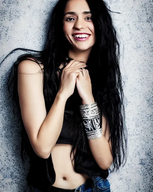 Image similar to a portrait of a beautiful Young female with long disheveled black hair, beautiful and smiling, sweet looks, white skin and reflective eyes, black tank top, black leather shiny jeans, an ankh necklace white colors in the background, by David Lazar and Annie Leibovitz 500px photos, top cinematic lighting , cinematic mood, very detailed, shot in canon 50mm f/1.2