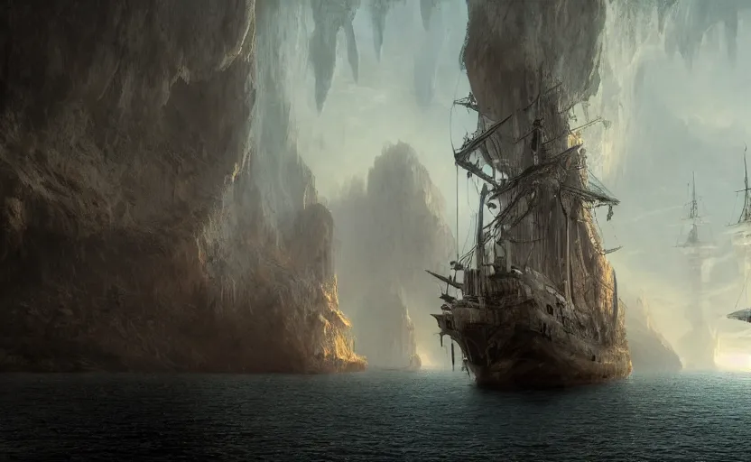 Image similar to A singular big galleon ship, three masts, front and center, in a cave. Underexposed, dark, centered. Atmospheric matte painting by Darek Zabrocki and Emmanuel Shiu, 4k ultra detailed