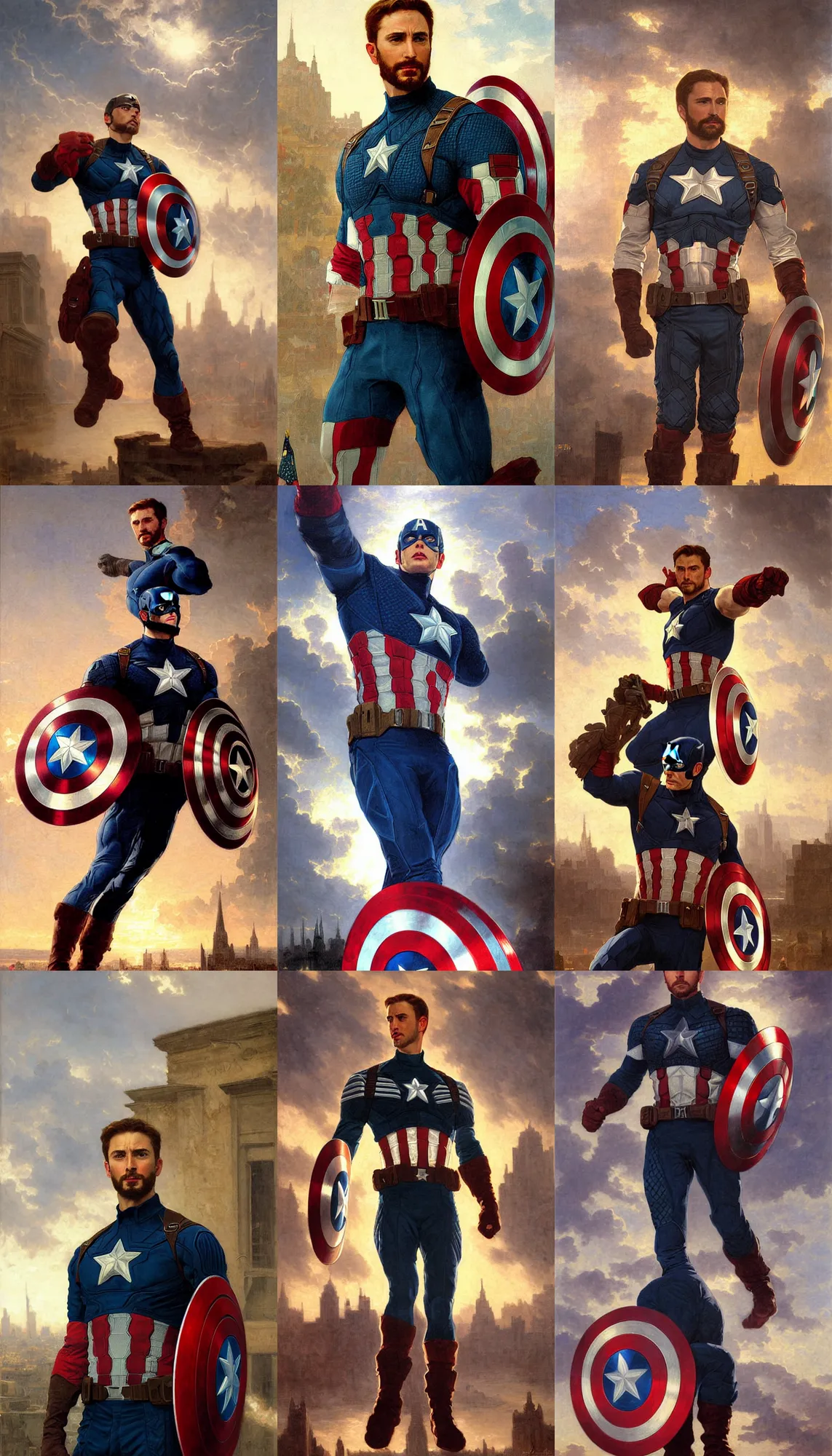 Prompt: portrait of captain america, detailed painting, city background, epic scene, epic lighting, by bouguereau