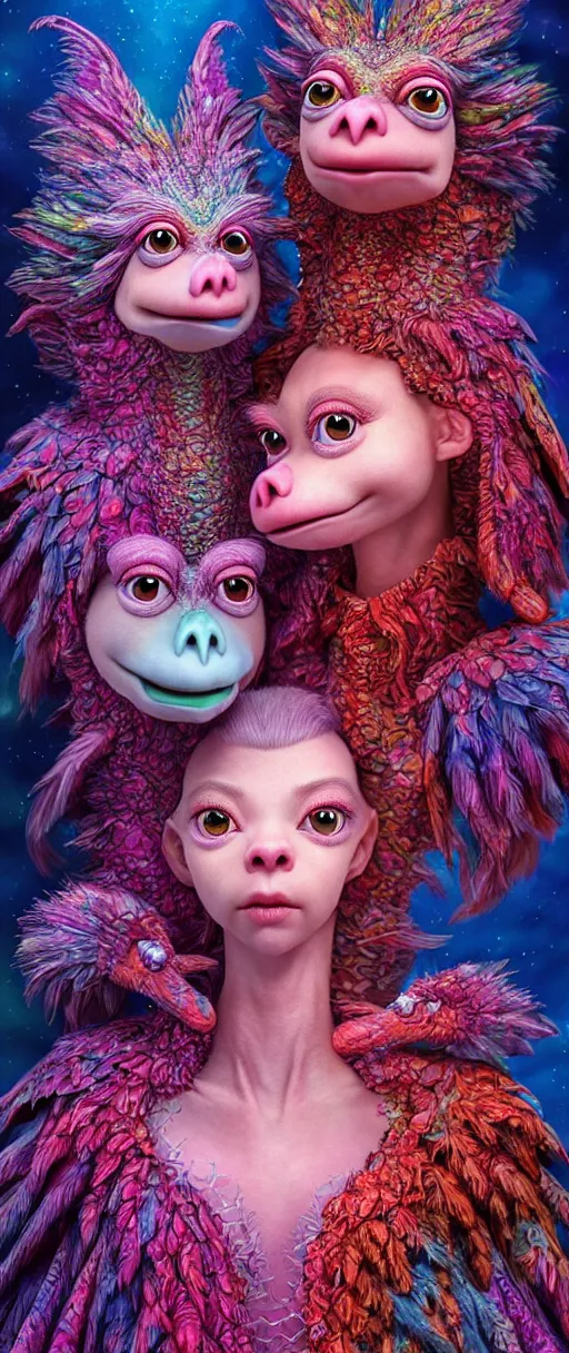 Image similar to hyper detailed 3d render like a Oil painting - kawaii portrait of two Aurora (a beautiful skeksis muppet fae princess protective playful expressive eyes from dark crystal that looks like Anya Taylor-Joy) seen red carpet photoshoot in UVIVF posing in scaly dress to Eat of the Strangling network of yellowcake aerochrome and milky Fruit and His delicate Hands hold of gossamer polyp blossoms bring iridescent fungal flowers whose spores black the foolish stars by Jacek Yerka, Ilya Kuvshinov, Mariusz Lewandowski, Houdini algorithmic generative render, Abstract brush strokes, Masterpiece, Edward Hopper and James Gilleard, Zdzislaw Beksinski, Mark Ryden, Wolfgang Lettl, hints of Yayoi Kasuma and Dr. Seuss, octane render, 8k