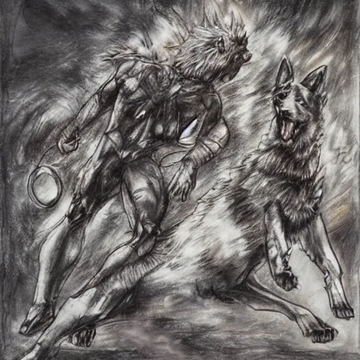 Image similar to a humanoid german shepherd beast - man wrestling with another german shepherd in the middle of an arena, pencil art, added detail, high definiton, colored, aerial viewyoji shinkawa