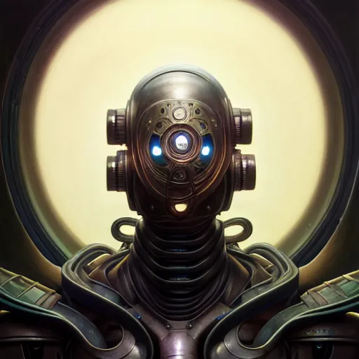 Image similar to front shot of a cyberpunk gazmask robot character, intricate, elegant, highly detailed, centered, digital painting, artstation, concept art, smooth, sharp focus, illustration, artgerm, Tomasz Alen Kopera, Peter Mohrbacher, donato giancola, Joseph Christian Leyendecker, WLOP, Boris Vallejo