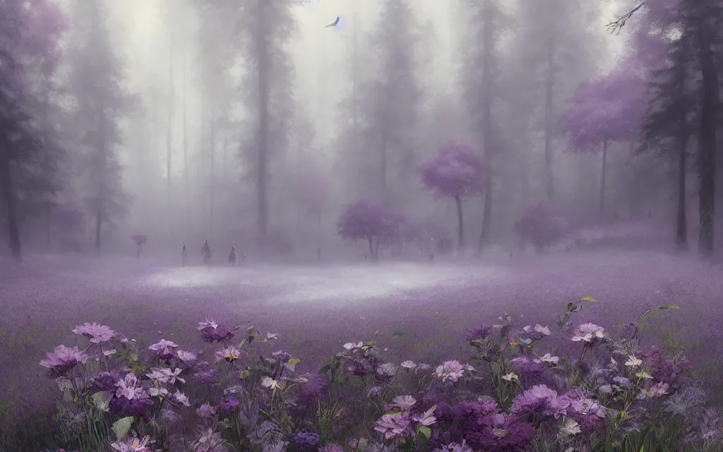 Prompt: an expanse of purple flowers, fir trees in the distance, fog, gloomy atmosphere, fantasy, intricate, elegant, highly detailed, digital painting, artstation, concept art, smooth, sharp focus, illustration, art by artgerm and greg rutkowski and alphonse mucha, wlop