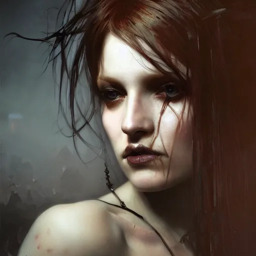 Image similar to dark goth queen, dark fantasy, hyperrealistic portrait, art of elysium by jeremy mann and alphonse mucha, fantasy art, photo realistic, dark, dynamic lighting, artstation, ginger hair, volumetric lighting, very detailed face, 4 k, award winning