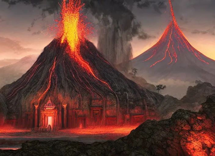 Image similar to Fantasy Volcano Temple. hidari, color page, tankoban, 4K, tone mapping, Akihiko Yoshida.