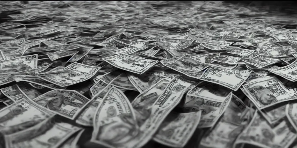 Image similar to a film still of cash money piling up in a vault, shallow depth of field, cinematic, award winning cgi, vfx, film still cfg _ scale : 1 8. 0