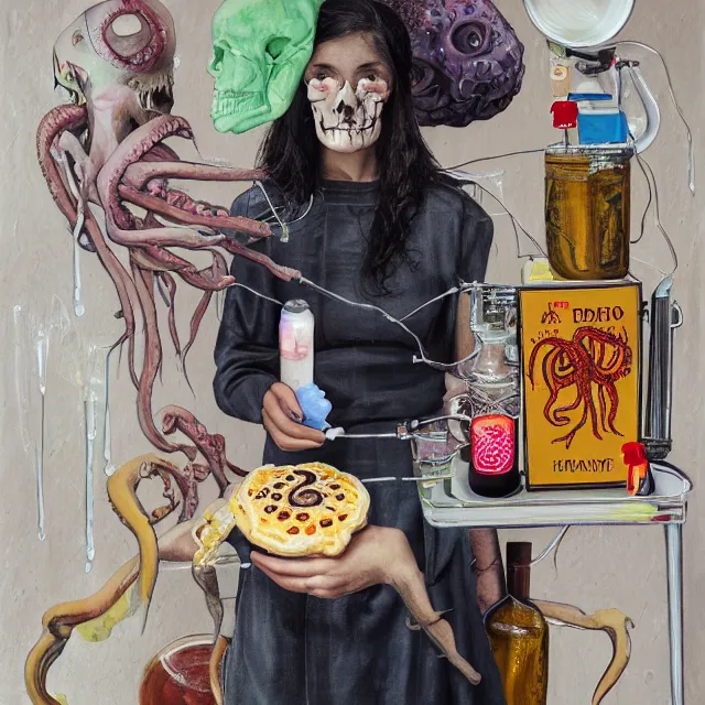 Prompt: a portrait of a female art student holding a brain, iv drip, honey, organic, femme, high voltage warning sign, an artist's studio, pancakes, berries, octopus, surgical supplies, skull, scientific glassware, art materials, candle dripping wax, berry juice drips, neo - expressionism, surrealism, acrylic and spray paint and oilstick on canvas