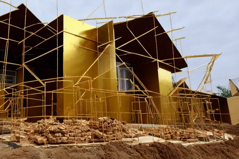 Image similar to a house, under construction, made of gold, with piles of money around it