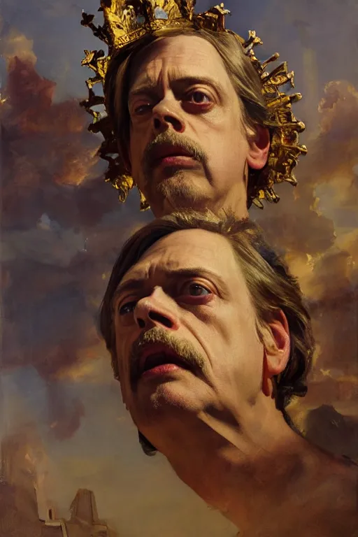 Image similar to beautiful detailed expressive impressionistic oil painting portrait of ancient roman god emperor steve buscemi ascending on high wearing the civic crown, renaissance painting, dark background, art by anders zorn, wonderful masterpiece by greg rutkowski, expressive brush strokes, beautiful cinematic light, american romanticism by greg manchess, jessica rossier