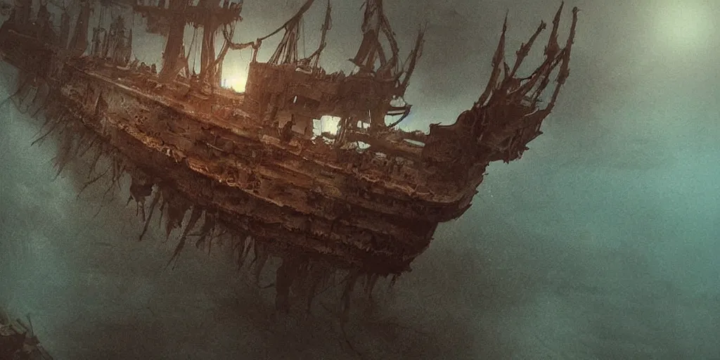 Image similar to an old ship on the bottom of the ocean that sunk long ago. mysterious, intimidating, haunted. horror movie screencap. epic. trending on artstation