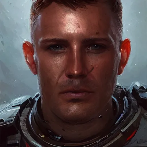 Image similar to Portrait of a man by Greg Rutkowski, he is about 40 years old, short copper hair, attractive, military composure, younger brother vibes, expression of sorrow and disbelief, he is wearing futuristic space tactical suit, highly detailed portrait, digital painting, artstation, concept art, smooth, sharp foccus ilustration, Artstation HQ.