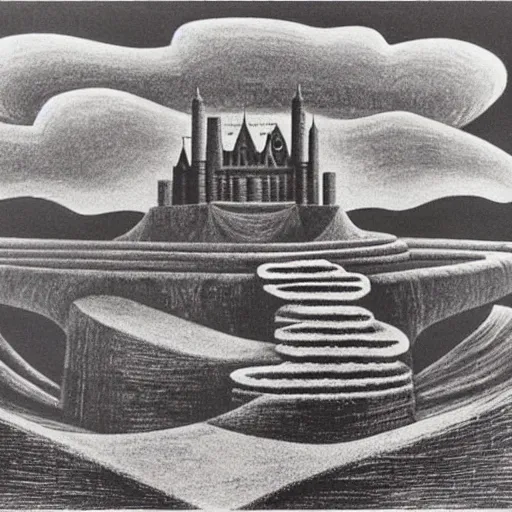 Image similar to A beautiful installation art of a castle in the clouds. by Michael Heizer, by Leonetto Cappiello hyperdetailed