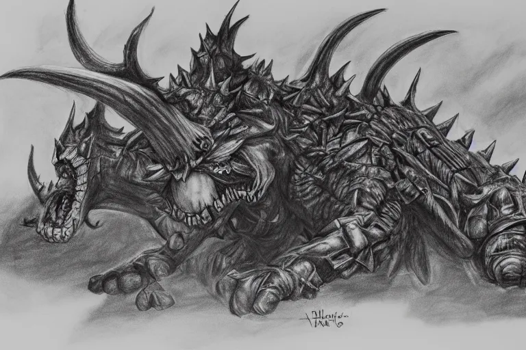 Image similar to pencil sketch of bowser with huge horns and scales and talons in a ruined kingdom, resident evil, horror, occult, terror, mist, volumetric render, detailed