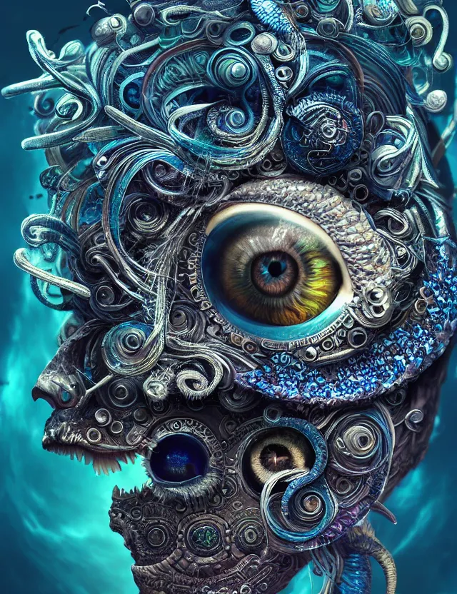 Image similar to eye of goddess macro close - up portrait with mask made of ram phoenix skull. betta fish, jellyfish, plasma, water, wind, creature, super intricate ornaments artwork by tooth wu and wlop and beeple and greg rutkowski