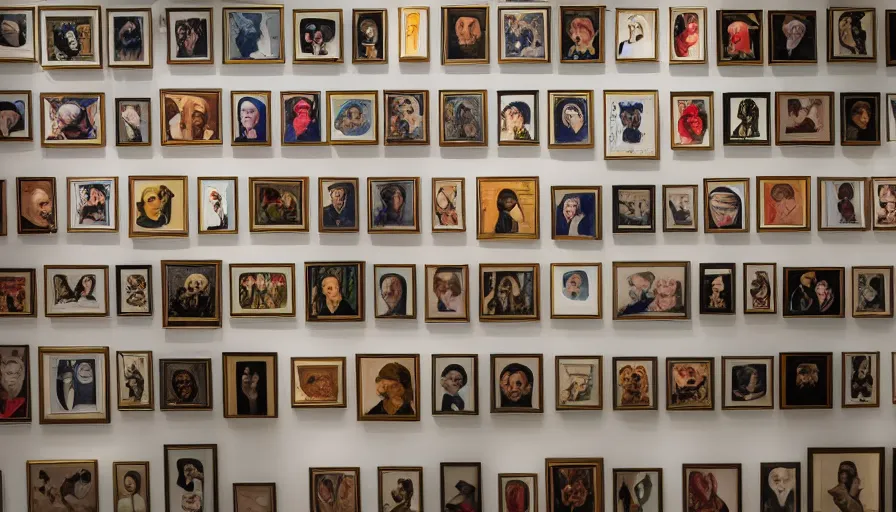 Prompt: a wall full of portrait paintings of good behaving demons, claustrophobic, museum