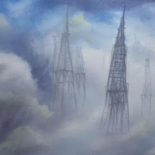 Prompt: a painting of many spindly towers reaching up into grey clouds, waterfalls made of grey ash fall from the clouds, god rays of blue light stream down, melancholy, fantastical