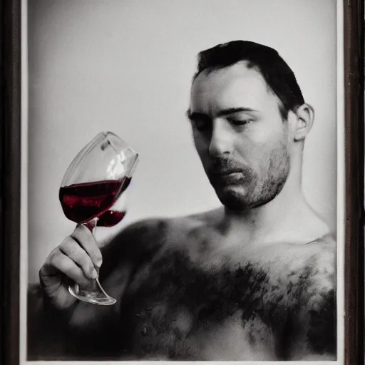 Prompt: a person bathing in wine, portrait photograph