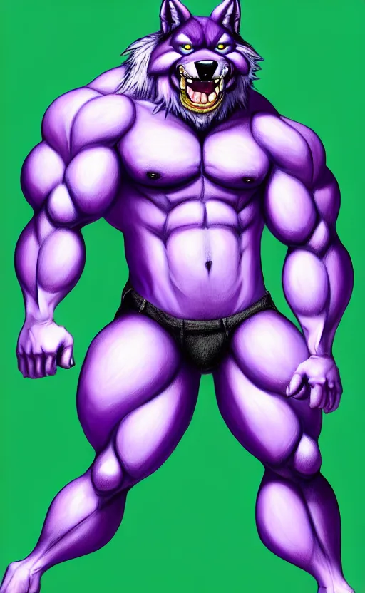 Prompt: painting of an anthropomorphic bulky muscular purple wolf, furry style, wearing jeans, deviant art, fursona, professional furry drawing, insanely detailed, bulky wolf - like face with dragon features, doing a pose from jojo's bizarre adventure, detailed veiny muscles, exaggerated features, beautiful shading, huge white teeth, grinning, colorful background