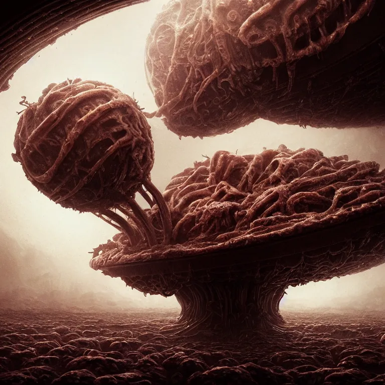 Prompt: ribbed surreal abandoned alien spaceship on exoplanet, covered in organic flesh meat in a desolate empty wasteland, creepy, nightmare, dream-like heavy atmosphere, surreal abandoned buildings, beautiful detailed intricate insanely detailed octane render trending on Artstation, 8K artistic photography, photorealistic, chiaroscuro, Raphael, Caravaggio, Beksinski, Giger