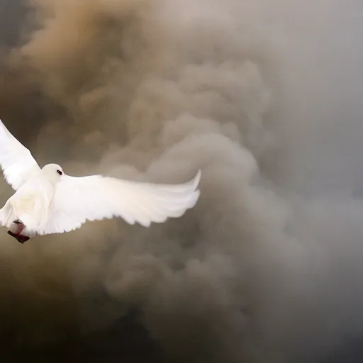 Image similar to photograph of a white dove flying through a warzone smoke bombs explosions in background