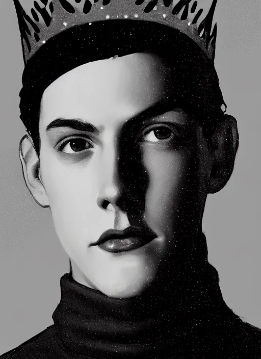 Image similar to portrait of teenage jughead jones wearing a light grey crown, crown, blue turtleneck, 1 9 5 0 s, closed eyes, photorealistic, black hair, glowing lighting, intricate, elegant, glowing lights, highly detailed, digital painting, artstation, concept art, smooth, sharp focus, illustration, art by wlop, mars ravelo and greg rutkowski