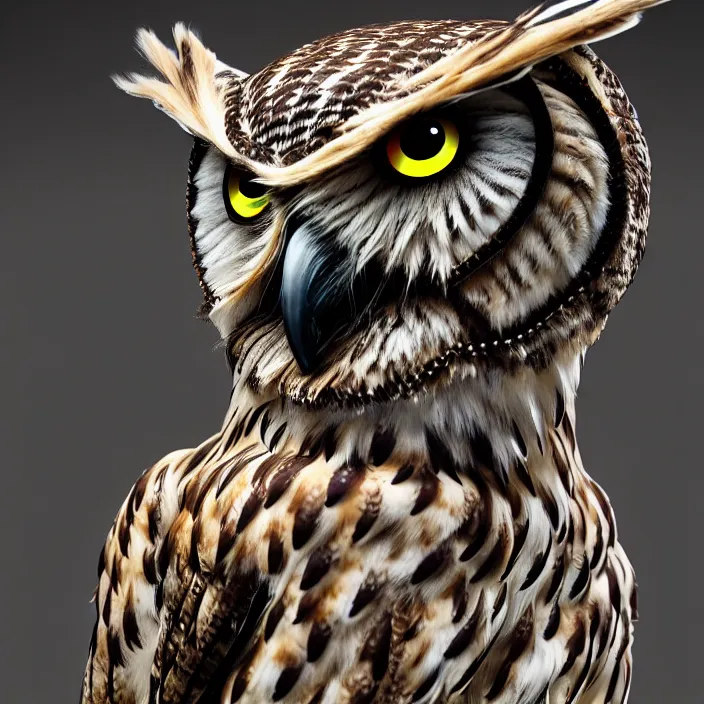 Image similar to full length photograph of a real-life owl warrior, Extremely detailed. 8k