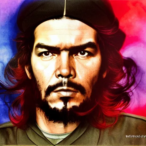 Image similar to colour masterpiece surreal closeup portrait photography of che guevara by miho hirano and annie leibovitz and michael cheval, psychedelic smoke background, 8 k