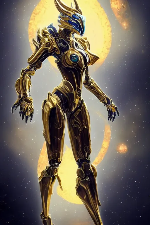 Image similar to intricate high detailed elegant beautiful stunning quality cosmic huge giantess hot female warframe anthro mecha female dragon goddess, gold body, sleek metal ears, sleek eyes, smooth blue skin, sleek gold armor, bigger than galaxy, epic proportions, epic scale, epic size, warframe destiny art, furry, dragon art, goddess, giantess, furaffinity, octane