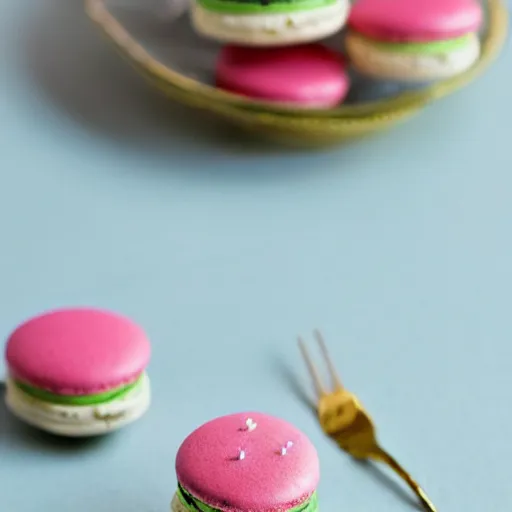 Prompt: needles and pins sticking out of macaron on a tiny plate