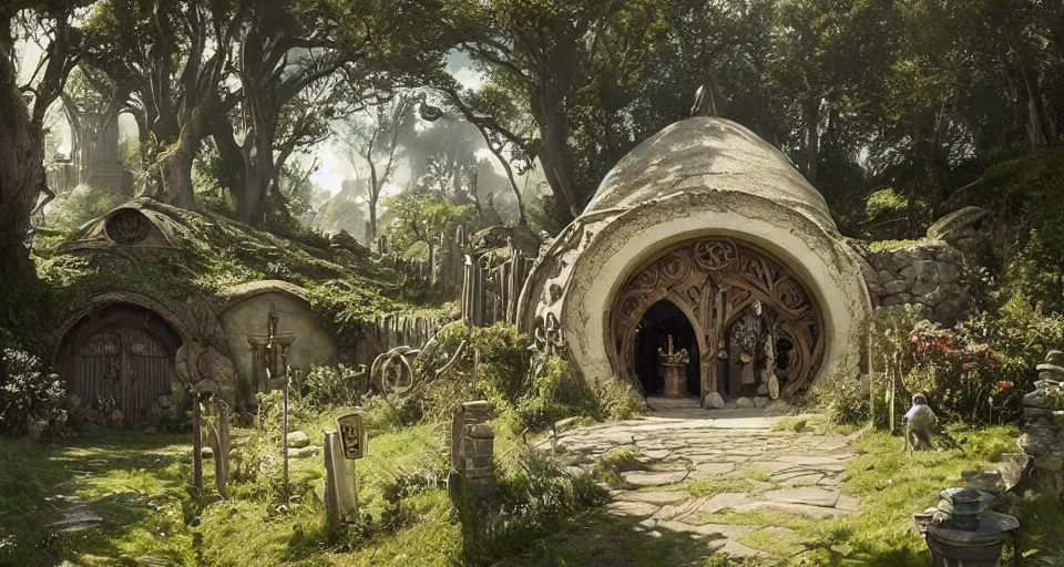 Image similar to the shire, hobbiton, lord of the rings, hobbit circle doors, intricate, elegant, highly detailed, greg rutkowski, dishonored 2, bioshock, scifi, john park, frazetta, john howe, ruan jia, jeffrey catherine jones