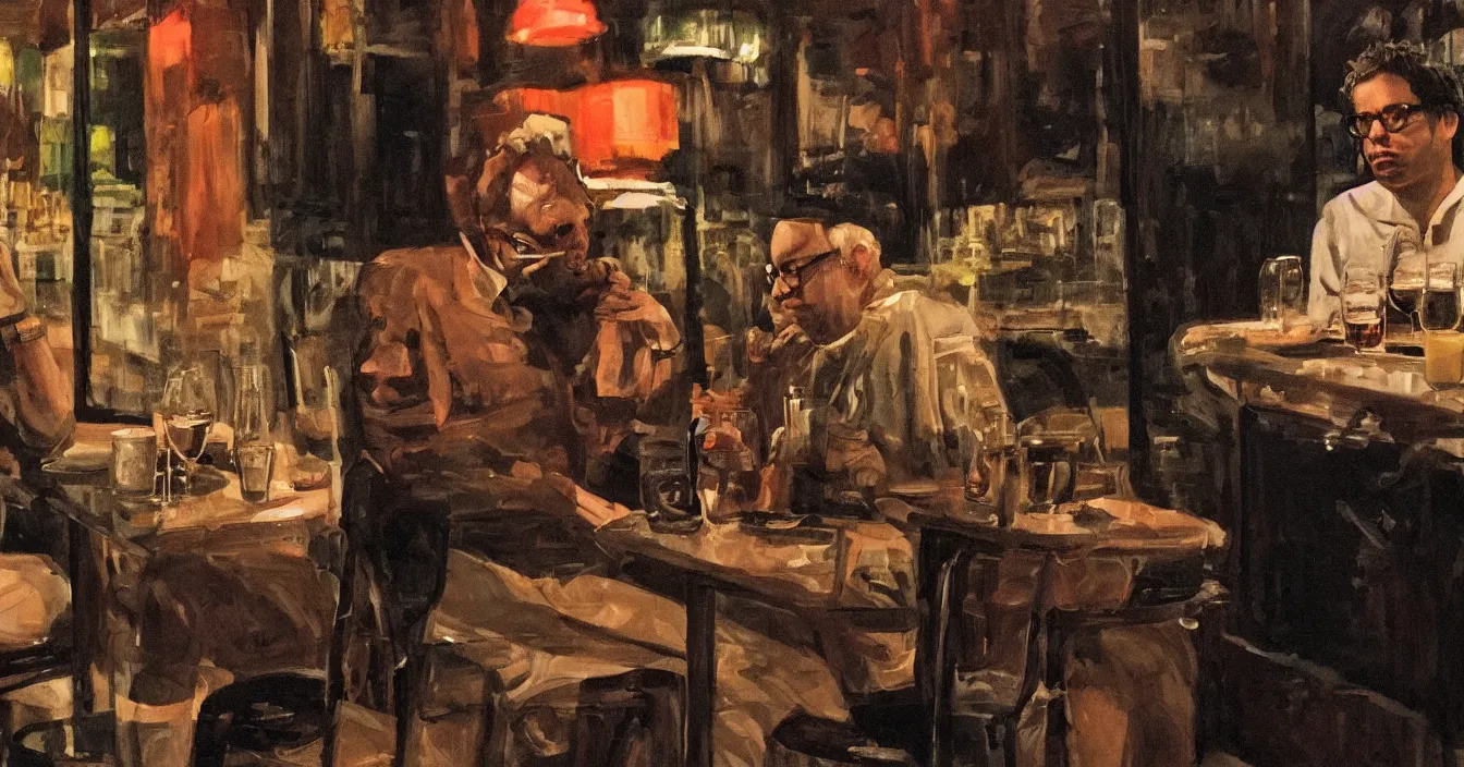 Image similar to todd solondz, high quality high detail image of todd solondz sitting with a friend in an empty bar in tel aviv street, drinking, smoking, clear sharp face of todd solondz, night, by lucian freud and gregory crewdson and francis bacon, hd, photorealistic lighting