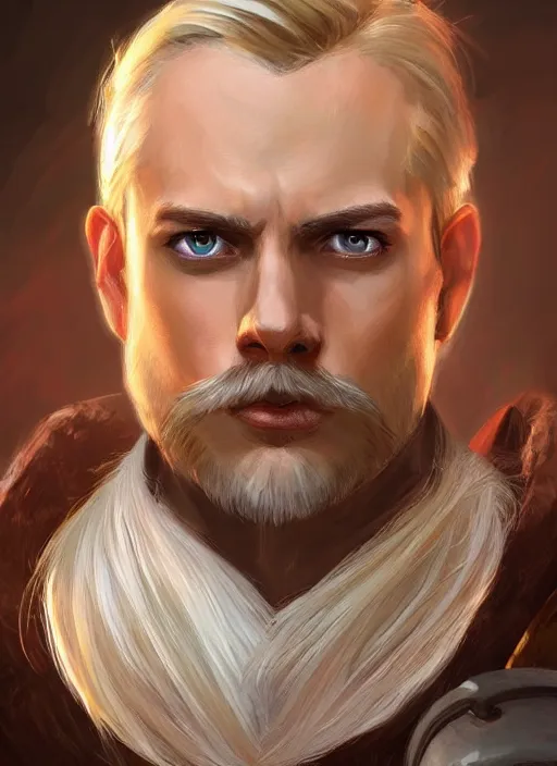 Image similar to young man with short light blonde combover hair and moustache, dndbeyond, bright, colourful, realistic, dnd character portrait, full body, pathfinder, pinterest, art by ralph horsley, dnd, rpg, lotr game design fanart by concept art, behance hd, artstation, deviantart, hdr render in unreal engine 5