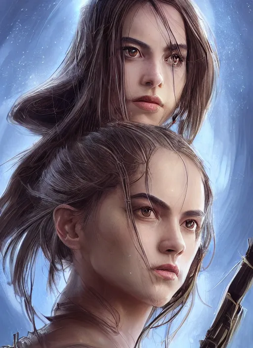 Image similar to a professional portrait of a beautiful young female, clothed in ethereal battle armor, olive skin, long dark hair, beautiful bone structure, symmetrical facial features, intricate, elegant, digital painting, concept art, smooth, sharp focus, finely detailed, illustration, from Valerian and the City of a Thousand Planets, in the style of Ruan Jia and Mandy Jurgens and Artgerm and Greg Rutkowski and William-Adolphe Bouguerea