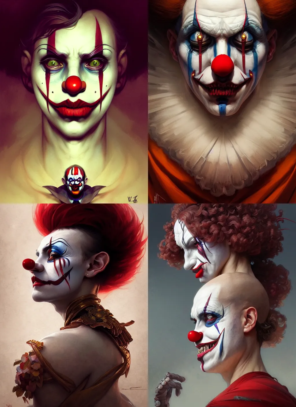 Prompt: a beautiful side portrait of an evil clown, intricate, sharp focus, illustration, highly detailed, digital painting, concept art, matte, art by wlop and artgerm and greg rutkowski and alphonse mucha, masterpiece