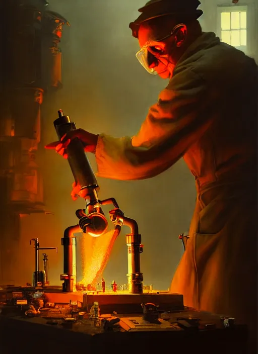 Prompt: scientist performing a explosive experiment by otto dix and greg rutkowski and andreas rocha, cinematic lighting, highly detailed, warm colours, 8 k