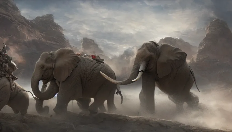 Prompt: matte painting of a beautiful fight scene of two warloads ride on their war - elephents in the center of the scene, digital art, trending on artstation