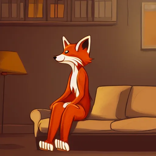 Image similar to an anthropomorphic fox wearing a t-shirt and jeans sitting on a couch, 8k resolution matte fantasy painting, cinematic lighting, DeviantArt, Artstation, furry, anthro, anthropomorphic, furaffinity, cartoon, disney