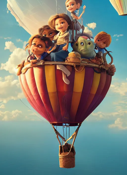 Prompt: a photo of little cute hipoppotamus inside a hot air balloon in world adventure movie by nuri iyem, james gurney, james jean, greg rutkowski, anato finnstark. pixar. hyper detailed, 5 0 mm, award winning photography, perfect faces